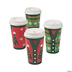 16 oz. Ugly Sweater Red & Green Disposable Paper Coffee Cups with Lids - 12 Ct.