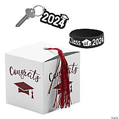 2024 Graduation Party White Favor Boxes with Burgundy Tassel & Favors Kit for 24