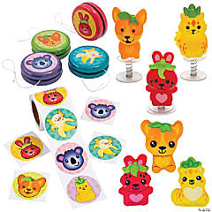 39 Pc. Cute Fruit Animal Characters Toys & Stickers Handout Kit