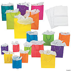 10 1/2 x 13 Large Neon Gift Bags with Tissue Paper Kit for 12