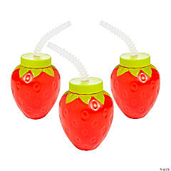 4 oz. Strawberry Molded Reusable BPA-Free Plastic Cups with Lids & Straws - 12 Ct.