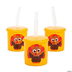 7 oz. Kids Thanksgiving Turkey Reusable BPA-Free Plastic Cups with Lids & Straws - 12 Ct.