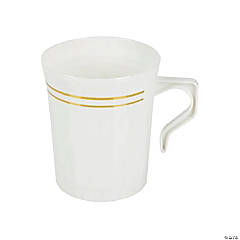 8 oz. White with Gold Edge Rim Round Plastic Coffee Mugs (60 Mugs)