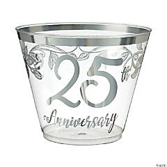9 oz. 25th Anniversary Disposable Plastic Cups with Metallic Silver Rim - 30 Ct.