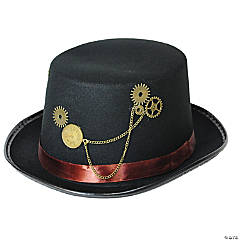 Adults Black Steampunk Hat with Red Hatband & Gold Chains