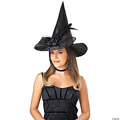 Adults Black Witch Hat with Bow & Feather