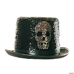 Adults Silver Reversible Sequin Skull Top Hat