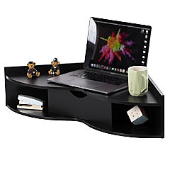 Basicwise Black Corner Desk Heart Shaped Wall Mounted Office Table with Drawer and Two Shelves Computer Writing Desk