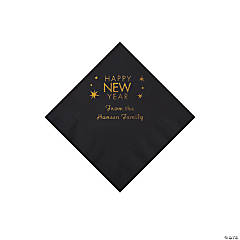 Black Happy New Year Personalized Napkins with Gold Foil - Beverage