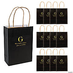 Black Medium Personalized Monogram Welcome Paper Gift Bags with Gold Foil - 12 Pc.