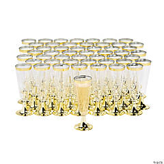 Bulk  100 Ct. Clear Plastic Champagne Flutes with Gold Trim