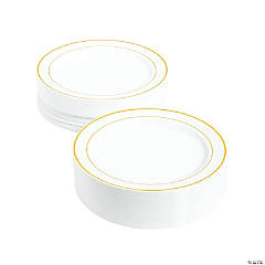 Bulk  100 Ct. White Plastic Dinner Plates with Gold Trim