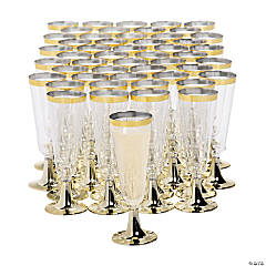 Bulk 100 Pc. Clear Plastic Champagne Flutes with Gold Trim