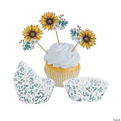 Bulk  100 Pc. Sunflower Party Cupcake Wrappers with Picks