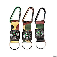 Camouflage Army Belt Clip Toy Compass Carabiner Keychains - 12 Pc.