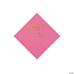 Candy Pink Happy New Year Personalized Napkins with Gold Foil - Beverage