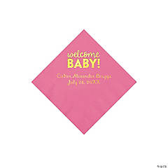 Candy Pink Welcome Baby Personalized Napkins with Gold Foil - Beverage
