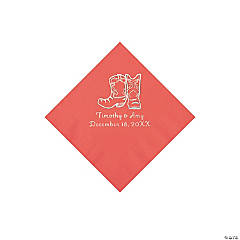 Coral Cowboy Boots Personalized Napkins with Silver Foil - Beverage
