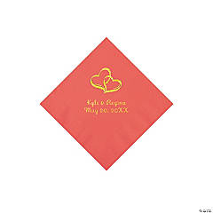 Coral Two Hearts Personalized Napkins with Gold Foil - Beverage