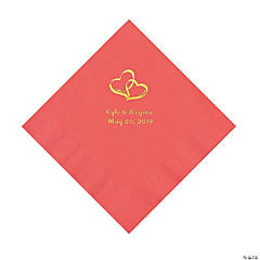 Coral Two Hearts Personalized Napkins with Gold Foil - Luncheon
