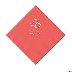 Coral Two Hearts Personalized Napkins with Silver Foil - Luncheon