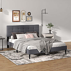 Costway Queen Upholstered Platform Bed Mattress Foundation Button Tufted Headboard Gray