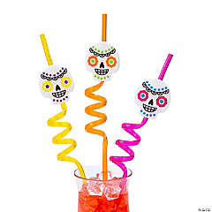 Day of the Dead Sugar Skull BPA-Free Plastic Silly Straws - 12 Pc.