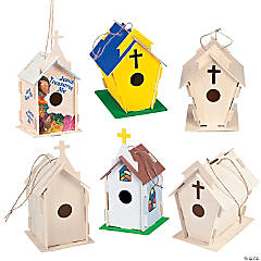 DIY Unfinished Wood Beautiful Church Birdhouses - 6 Pc.
