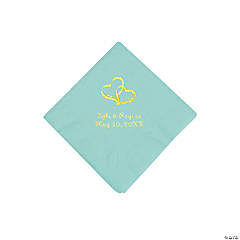 Fresh Mint Two Hearts Personalized Napkins with Gold Foil - Beverage