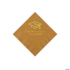 Gold Grad Mortarboard Personalized Napkins with Gold Foil – Beverage