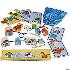 HABA On The Farm Threading Game with 10 Chunky Wooden Lacing Figures & 4 Templates (Made in Germany)