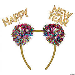 Happy New Year Headband with Colorful Flashing Pom-Pom Head Boppers