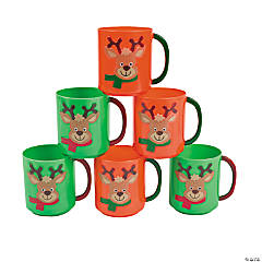 Holiday Reindeer Plastic Mugs - 12 Pc.