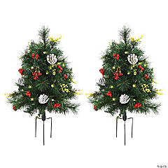 HOMCOM 22in Christmas Tree 2 Pack Outdoor Pre Lit Artificial Pine Cordless 24 Warm White Lights and Stakes
