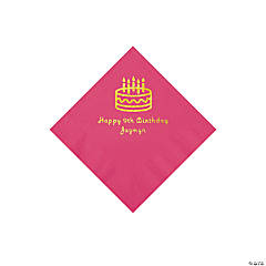 Hot Pink Birthday Cake Personalized Napkins with Gold Foil - Beverage