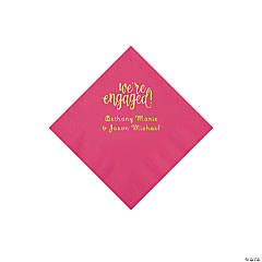 Hot Pink Engaged Personalized Napkins with Gold Foil - Beverage