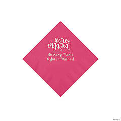 Hot Pink Engaged Personalized Napkins with Silver Foil - Beverage