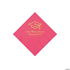 Hot Pink Grad Mortarboard Personalized Napkins with Gold Foil – Beverage