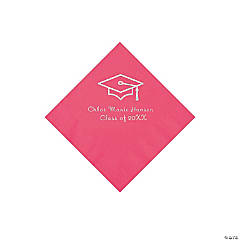 Hot Pink Grad Mortarboard Personalized Napkins with Silver Foil – Beverage