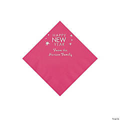 Hot Pink Happy New Year Personalized Napkins with Silver Foil - Beverage