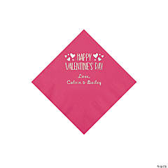 Hot Pink Happy Valentine’s Day Personalized Napkins with Silver Foil - Beverage