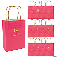 Hot Pink Medium Personalized Monogram Welcome Paper Gift Bags with Gold Foil - 12 Pc.