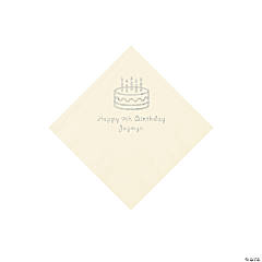 Ivory Birthday Cake Personalized Napkins with Silver Foil - Beverage
