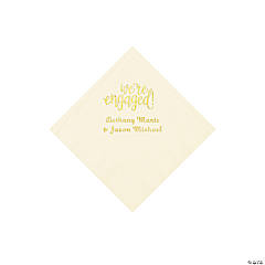 Ivory Engaged Personalized Napkins with Gold Foil - Beverage