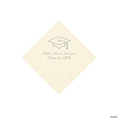 Ivory Grad Mortarboard Personalized Napkins with Silver Foil – Beverage
