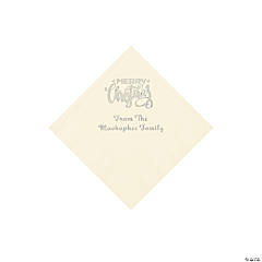 Ivory Merry Christmas Personalized Napkins with Silver Foil - Beverage