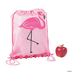 Large Flamingo Drawstring Bags with Pom Fringe