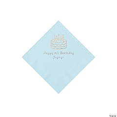Light Blue Birthday Cake Personalized Napkins with Silver Foil - Beverage