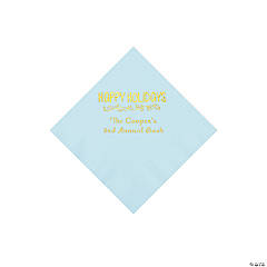 Light Blue Happy Holidays Personalized Napkins with Gold Foil – Beverage