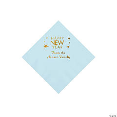 Light Blue Happy New Year Personalized Napkins with Gold Foil - Beverage